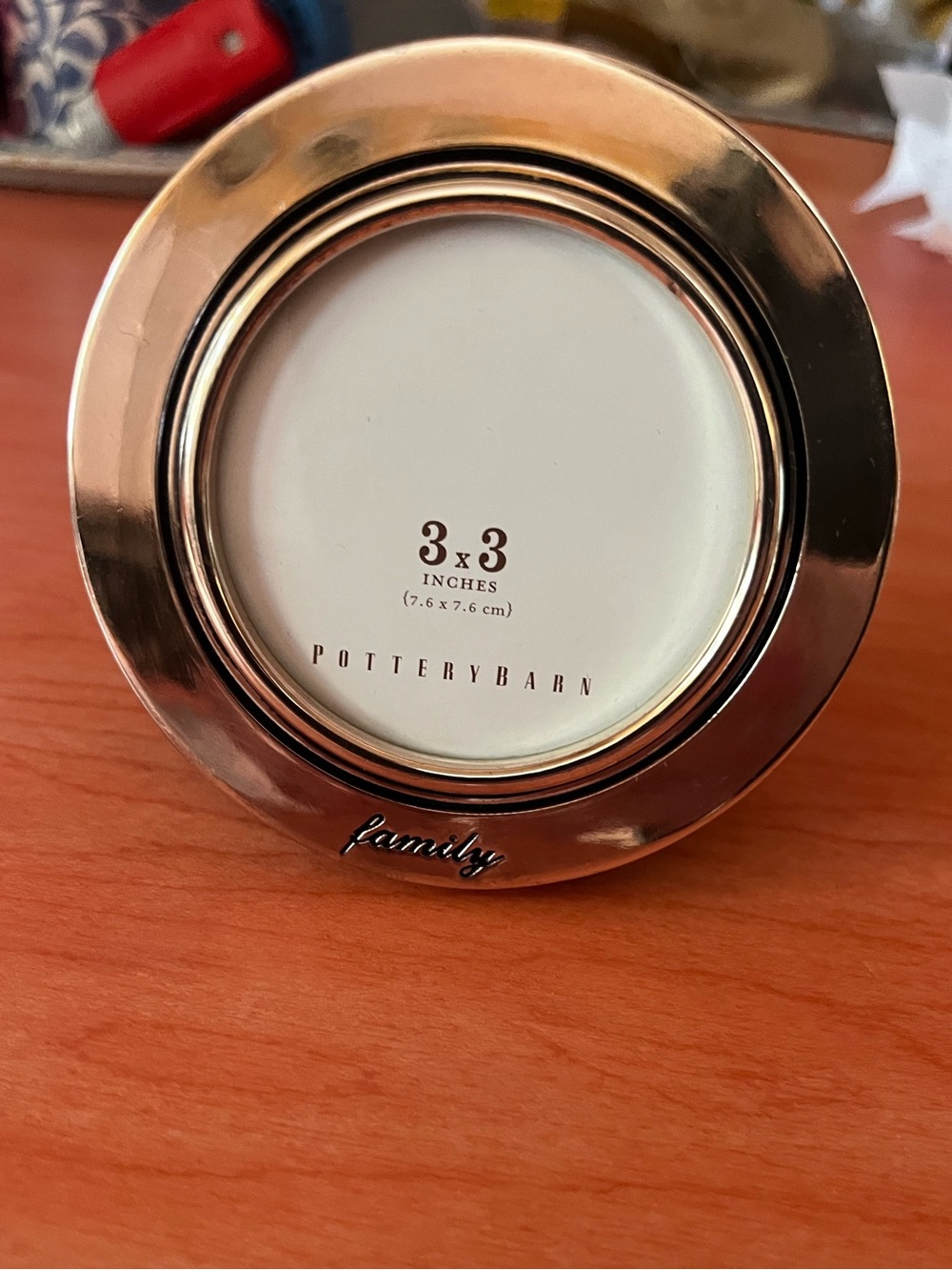 Pottery Barn 3x3" Round Silver Frame — with word "family"